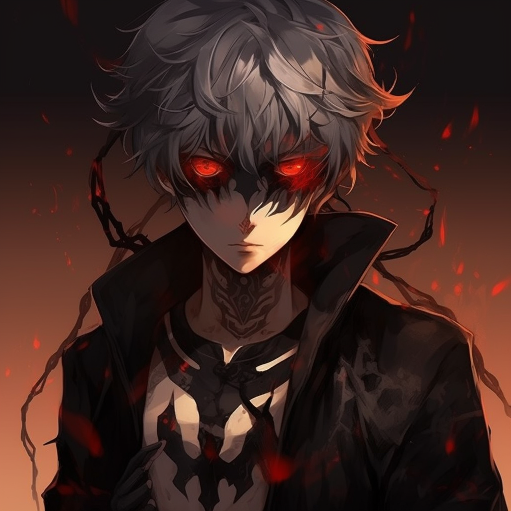 Half face of demon boy, displaying detailed features and darkfull tones. boy demon anime pfp pfp for discord.