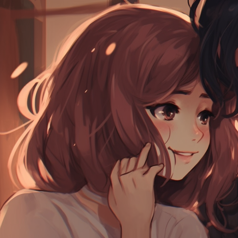 Two characters complementing each other's color palettes, close proximity, detailed hair and costume design. anime couples matching pfp with cool art styles pfp for discord.