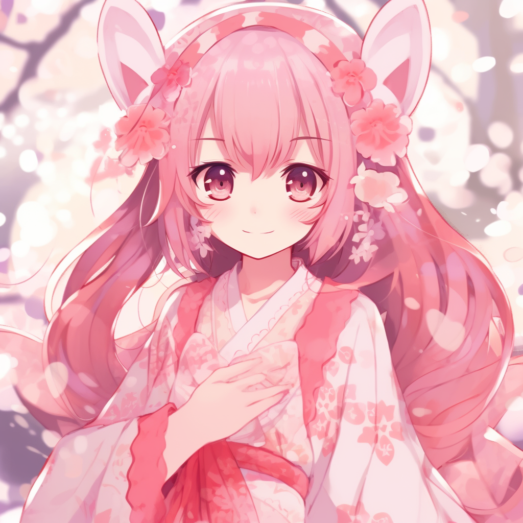 A traditional looking anime girl wearing a pink kimono displaying a richly detailed pattern. cute pink anime girl pfp collection pfp for discord.