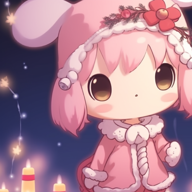My Melody characters, pastel tones with a warm glow, stringing Christmas lights together. unique matching my melody pfp for christmas pfp for discord.