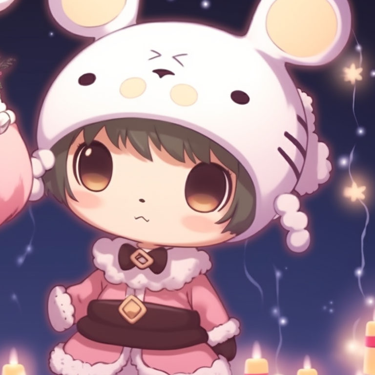 My Melody characters, pastel tones with a warm glow, stringing Christmas lights together. unique matching my melody pfp for christmas pfp for discord.
