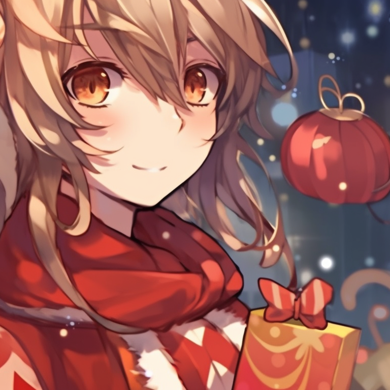 Close-up of two characters in matching winter scarves, deep hues, and expressive eyes. beautiful matching christmas pfp anime pfp for discord.