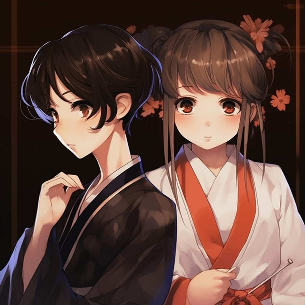 Two female anime characters shown in matching poses, both in traditional attire with detail in the hairstyle and dressing. female anime pfp matching