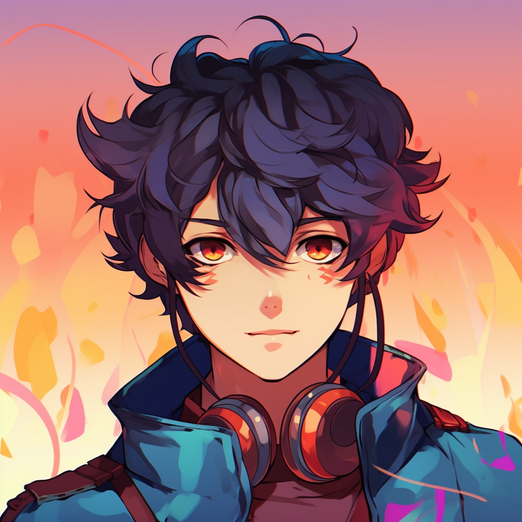 Anime male character with a distinctive hairstyle, clear outlines and bold color contrasts. quirky male anime pfp