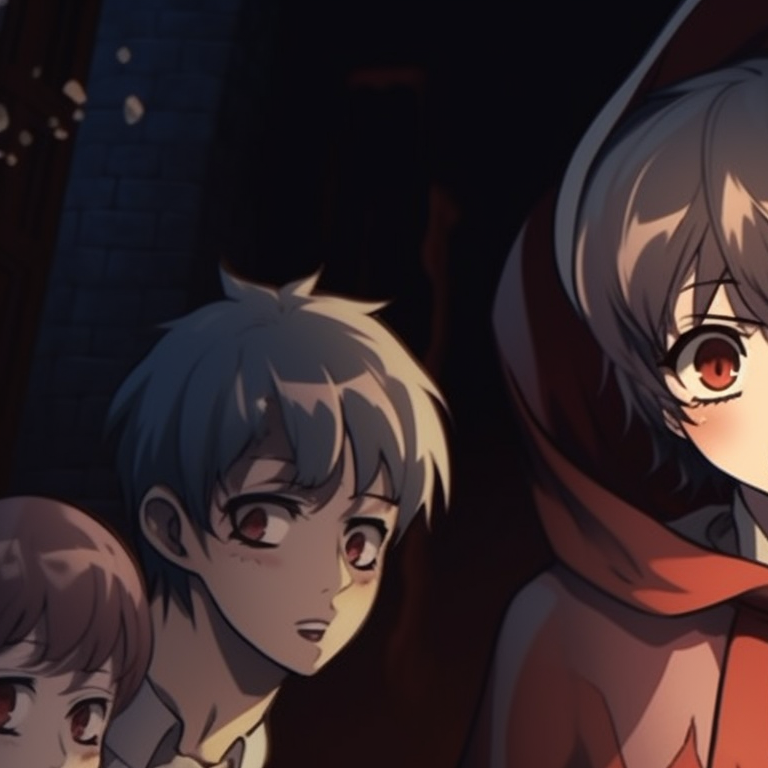 Five characters in costumes, standing at the gates of a haunted house with scared expressions. top matching pfp ideas for 5 friends halloween theme pfp for discord.