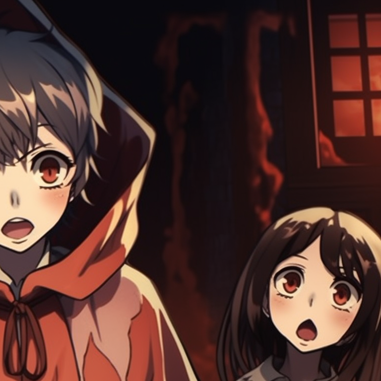 Five characters in costumes, standing at the gates of a haunted house with scared expressions. top matching pfp ideas for 5 friends halloween theme pfp for discord.