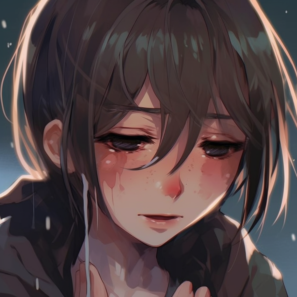 Profile of a solitary hero crying, monochrome palette enhances the sentiment. poignant crying anime pfp pfp for discord.