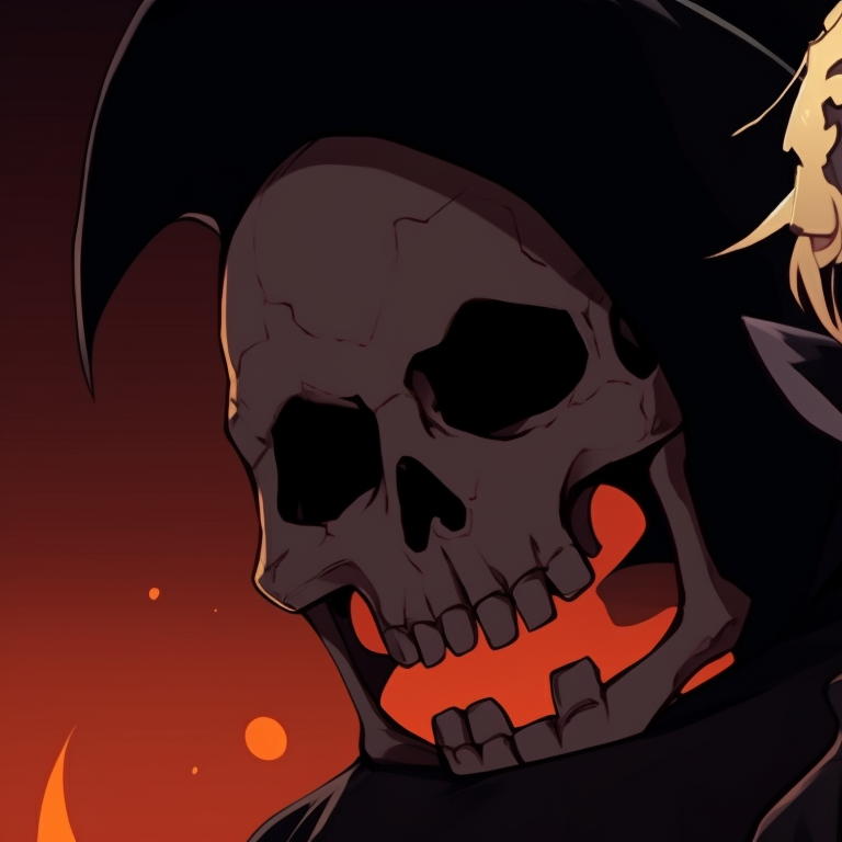 Characters wearing Halloween themed outfits, encased in a chilling embrace, under the orange glow of Halloween lanterns. halloween anime pfp designs pfp for discord.