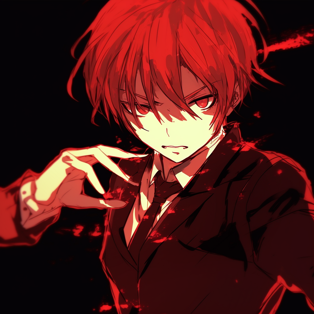 Karma Akabane from Assassination Classroom in action pose, showcasing his red hair and suit. red anime pfp for boys