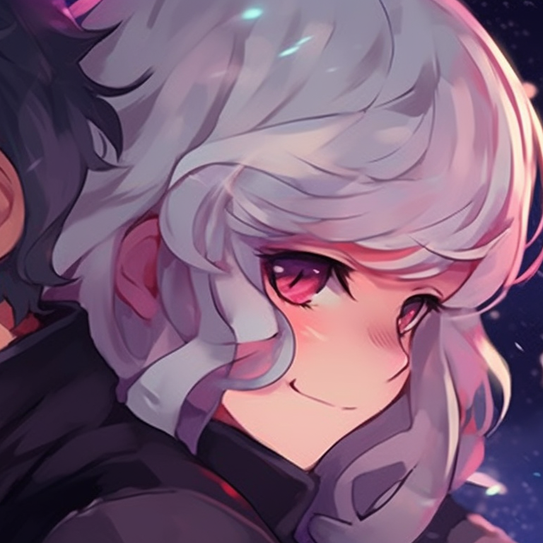 Two characters, vibrant colors and starry background, floating in a fantasy space. matching pfp for friends in anime style pfp for discord.