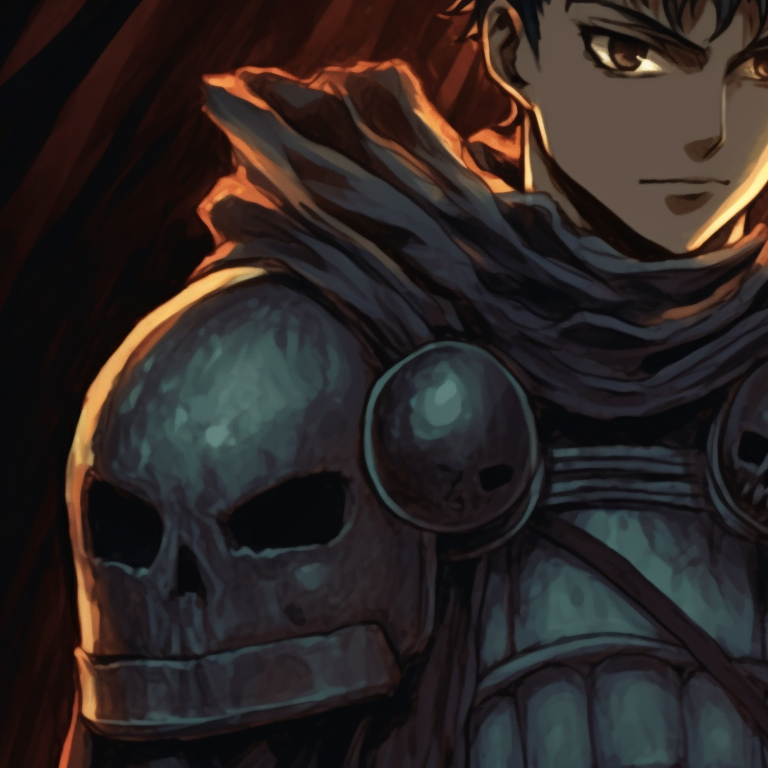 orange pumpkin and Casca ready for battle, dark background, dressed in bewitching Halloween costumes berserk characters in halloween outfits pfps pfp for discord.