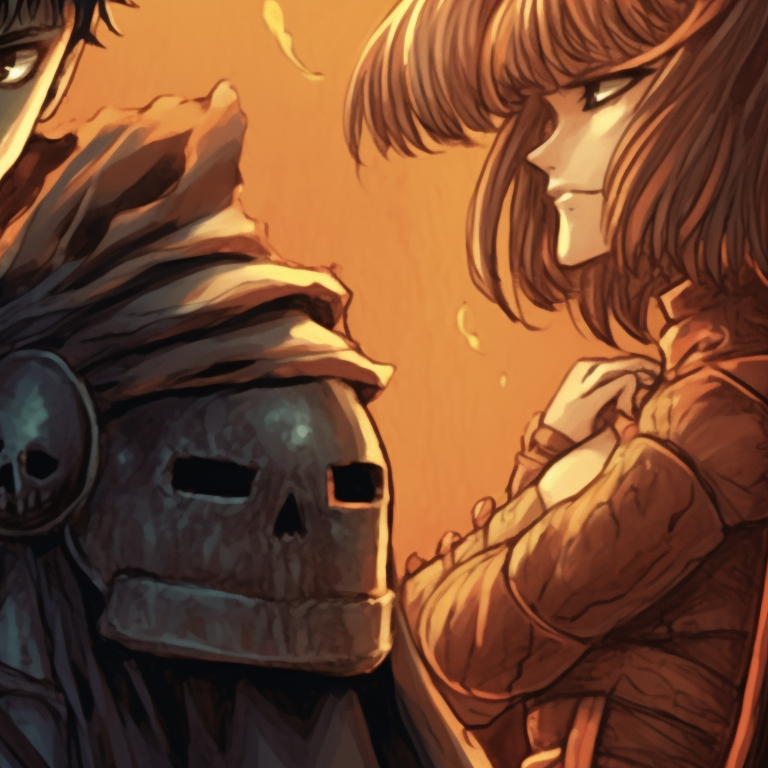 orange pumpkin and Casca ready for battle, dark background, dressed in bewitching Halloween costumes berserk characters in halloween outfits pfps pfp for discord.