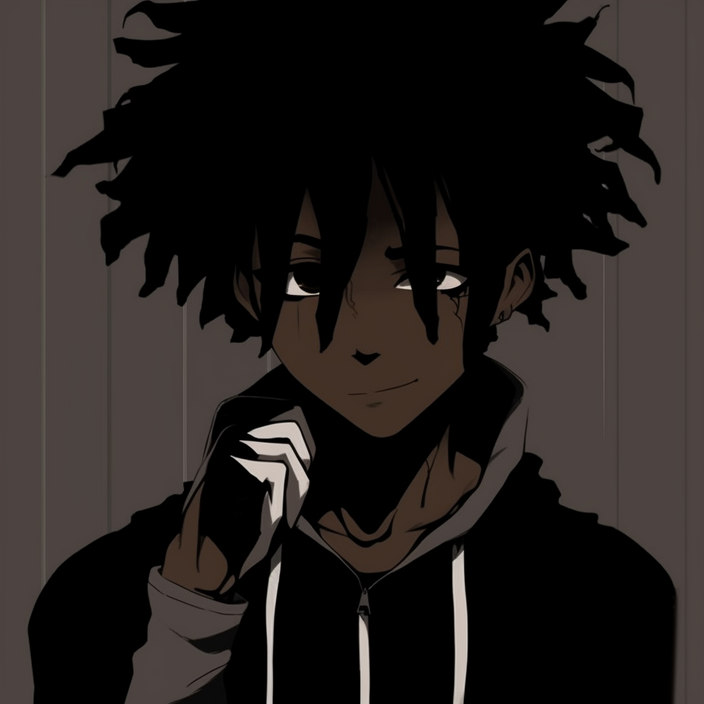 The features of the character are hidden, with only glowing red eyes illuminating the dark figure, effectively creating a capticating image. top rated anime black pfp pfp for discord.