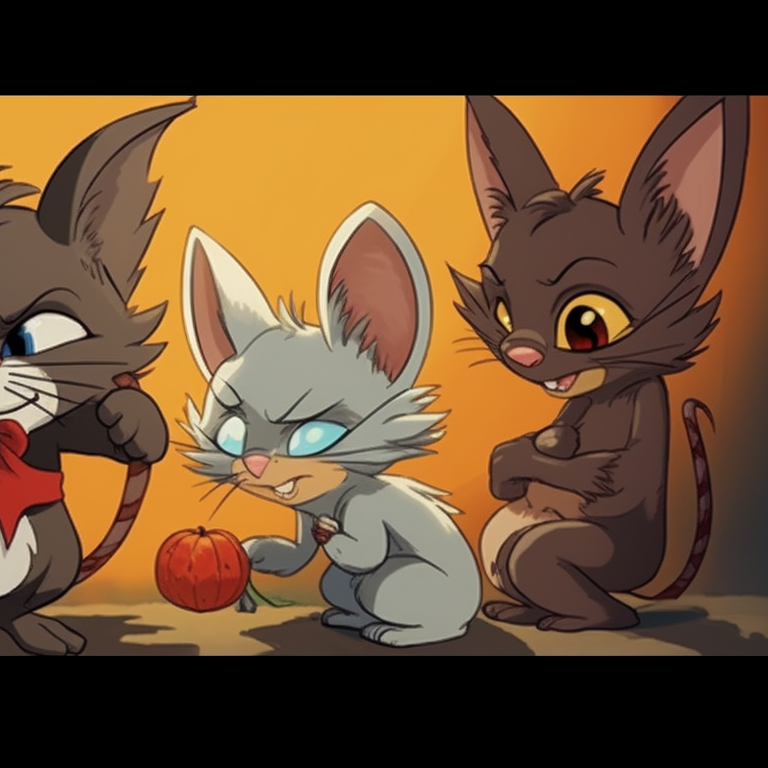 Tom and Jerry in pumpkin-themed costumes, chuckling at each other, bold lines and warm autumn colors. tom and jerry matching pfp halloween theme design pfp for discord.
