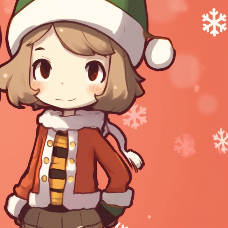 Two characters with matching festive attire, color palette dominated by warm orange. inspiring orange matching pfp for christmas pfp for discord.