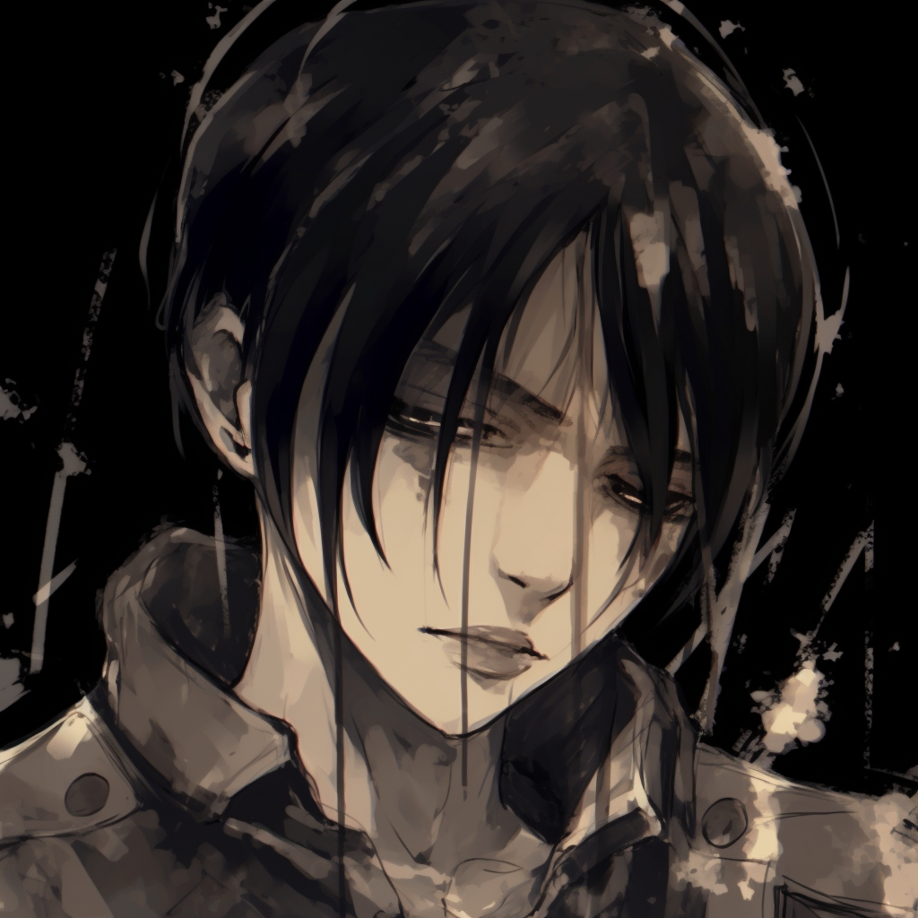 Levi Ackerman in a pensive mood, featuring intricate grunge details and grey scale colors. edgy grunge anime pfp
