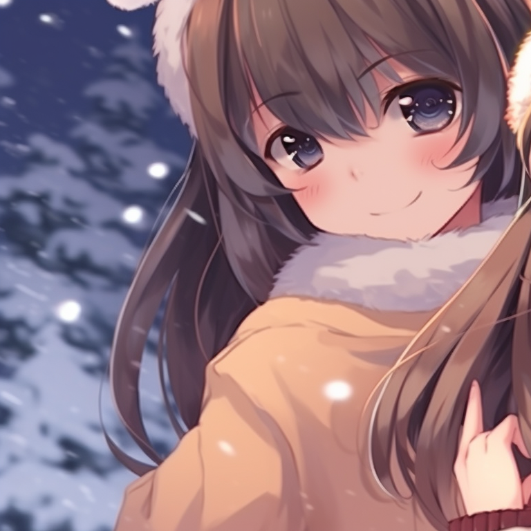 Two anime girls looking at the starry sky on Christmas night, outfit details include fur trim and Christmas hats, atmosphere set with luminous stars and soft lighting. favorite matching christmas anime girl pfp pfp for discord.