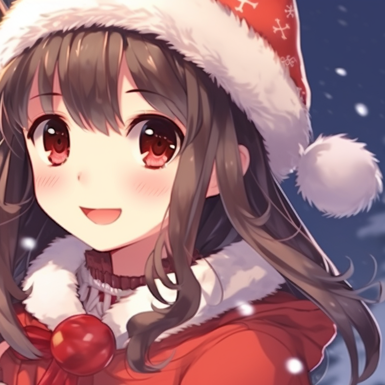 Two anime girls looking at the starry sky on Christmas night, outfit details include fur trim and Christmas hats, atmosphere set with luminous stars and soft lighting. favorite matching christmas anime girl pfp pfp for discord.