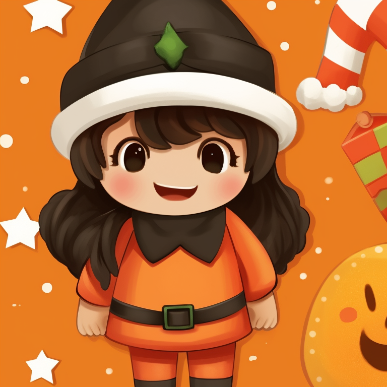 Two characters standing side by side, matching candy corn colored Christmas cloaks. candy corn styled matching christmas pfp pfp for discord.
