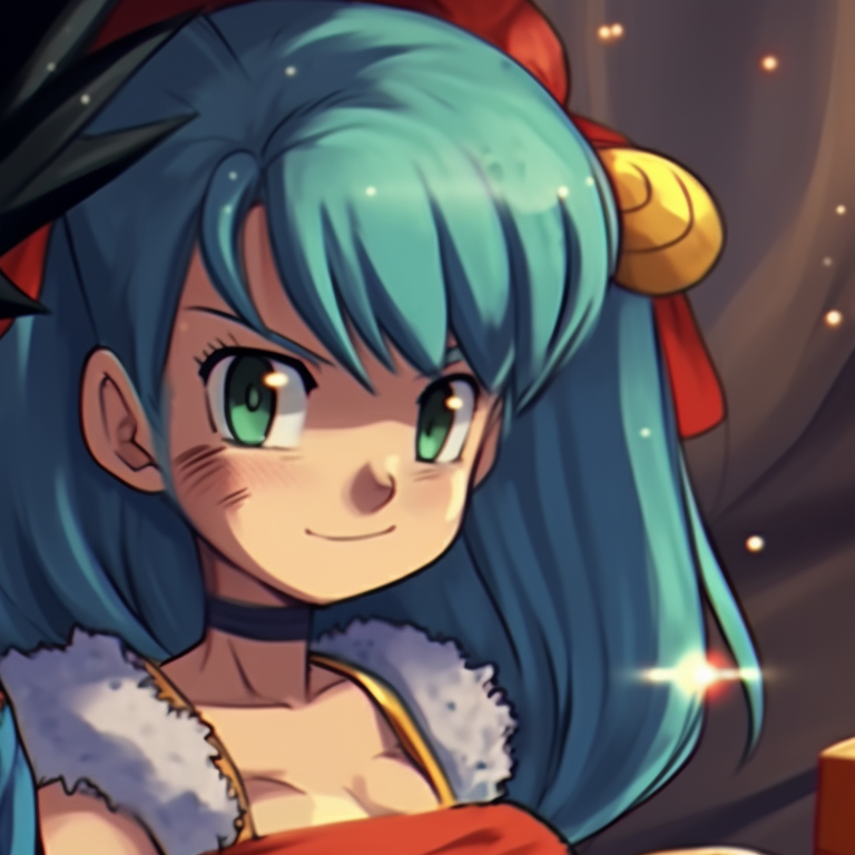 Bulma holding a Christmas gift, Vegeta with a Santa hat, vivid contrasts with a light background. vegeta and bulma dragonball christmas pfp pairing pfp for discord.