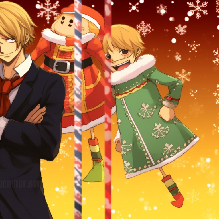Sanji and another character in matching holiday outfits, warm light and detailed features. anime style matching sanji christmas pfp pfp for discord.