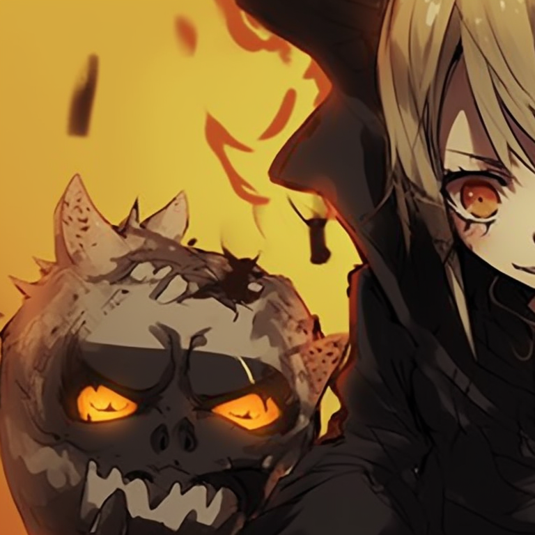 Denji and Power in Halloween monster costumes, with emphasis on the dynamic brush strokes and stark contrasts. matching pfp halloween theme with denji and power pfp for discord.