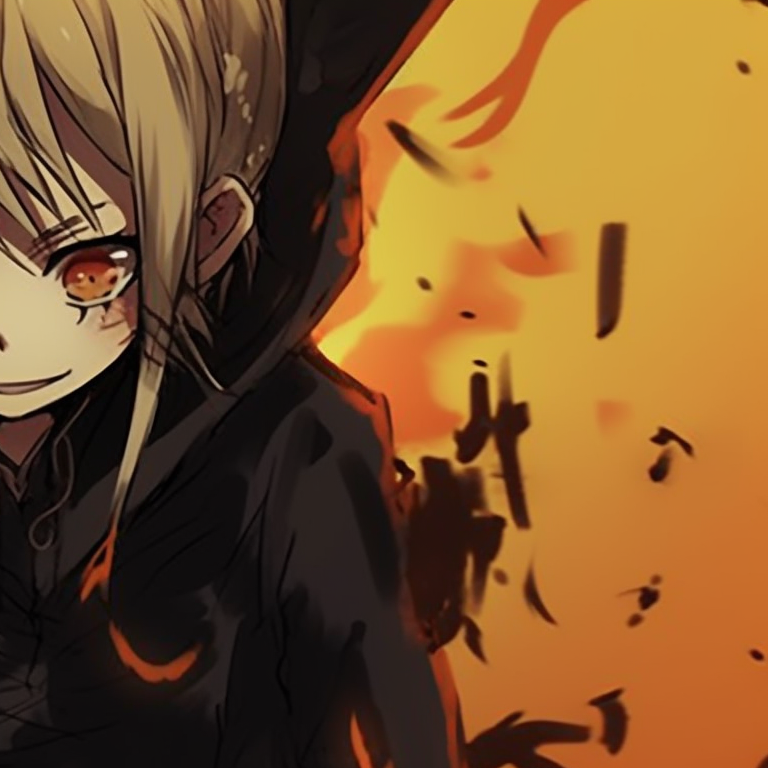 Denji and Power in Halloween monster costumes, with emphasis on the dynamic brush strokes and stark contrasts. matching pfp halloween theme with denji and power pfp for discord.