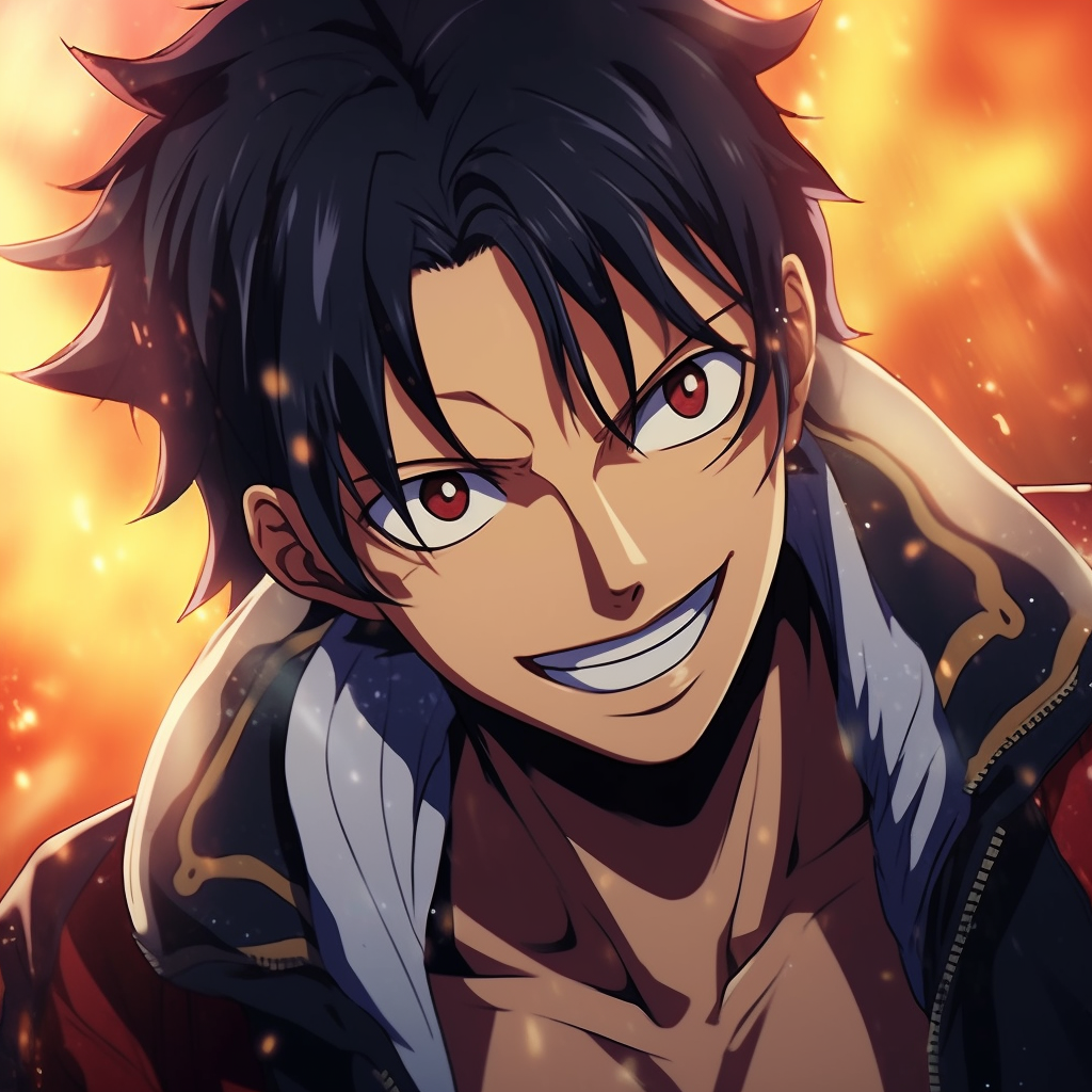 Portgas D. Ace grinning, intense detail in facial expression and vivid colors. high quality anime pfp in one piece theme
