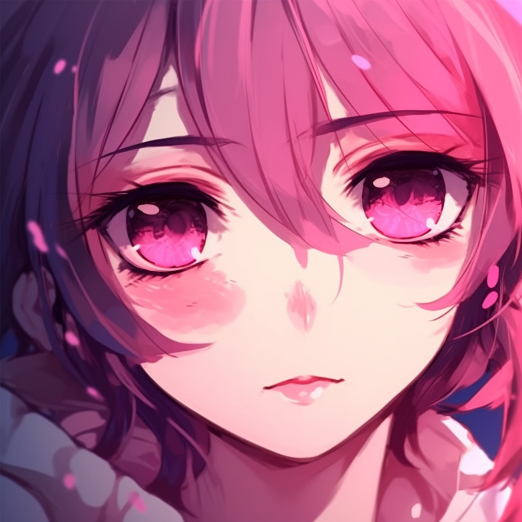 Profile picture composition emphasizing the mix of deep shadows and striking pink undertones. dark tones in pink anime pfp