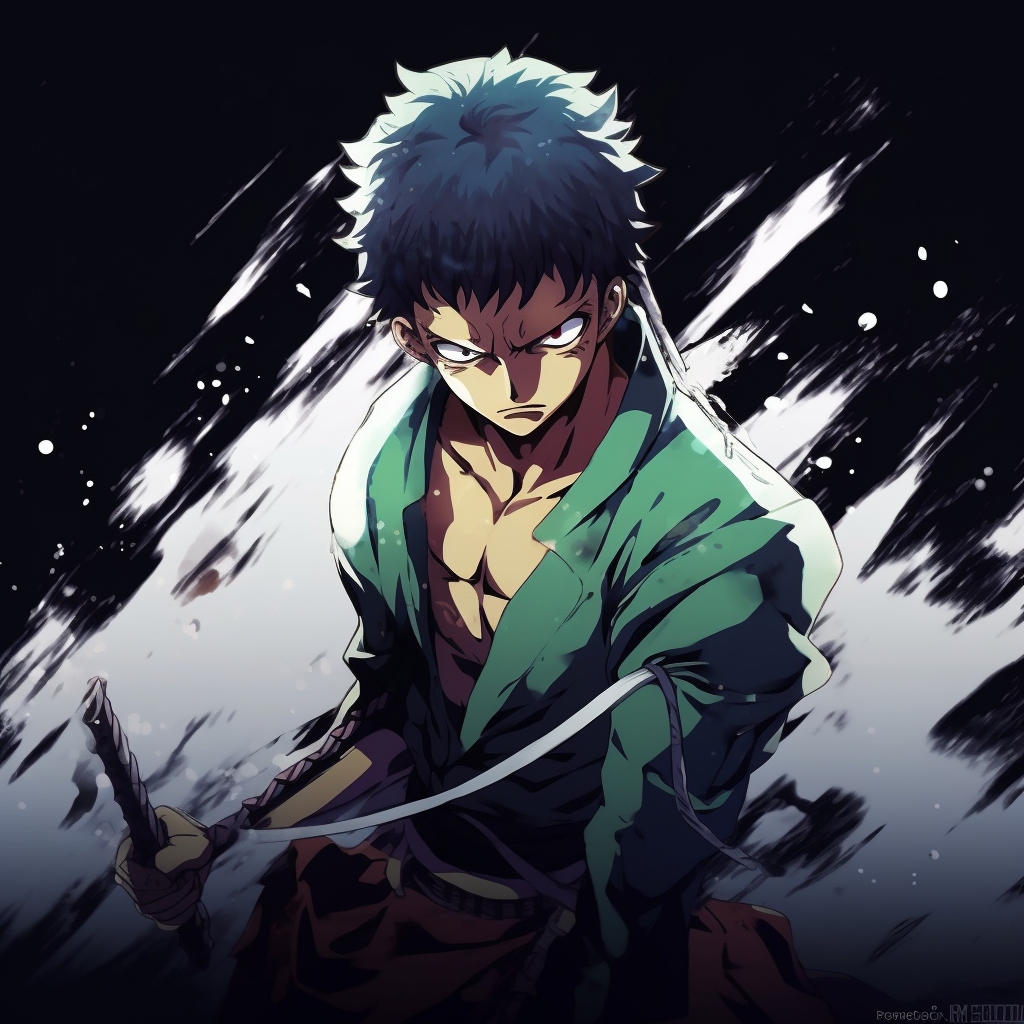 Fiercely gaze of Zoro, high contrast and fine details. high quality anime pfp in one piece theme
