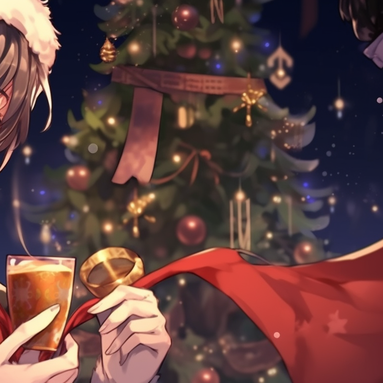 Two characters dressed in Christmas attire, vibrant colors and shimmering details, sharing a festive drink. vibrant matching christmas discord pfp pfp for discord.
