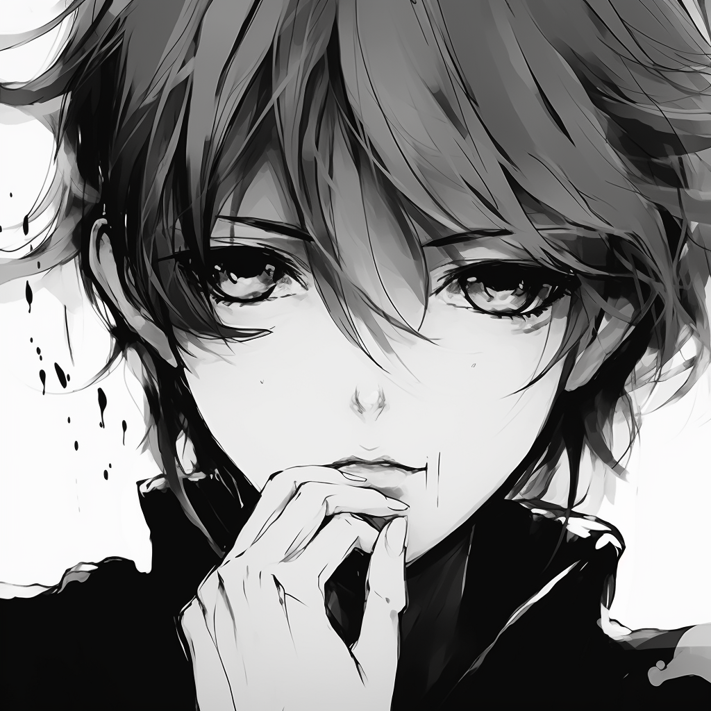 Mysterious character in monochrome, emphasis on hidden details and obscure facial expression. unique anime black and white pfp