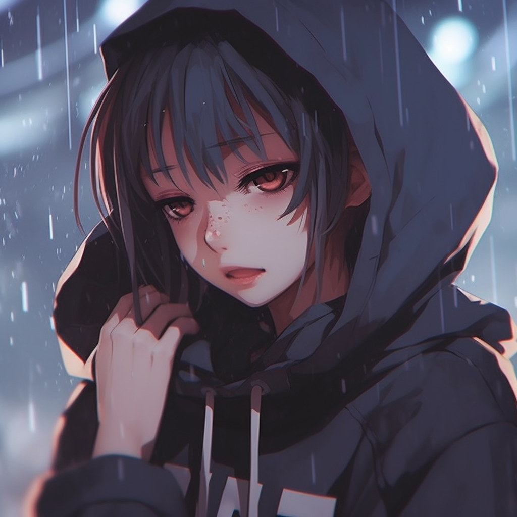 Portrait of the anime girl, strong detailing on her face paired with high contrast colors. aesthetic anime girl with sad pfp