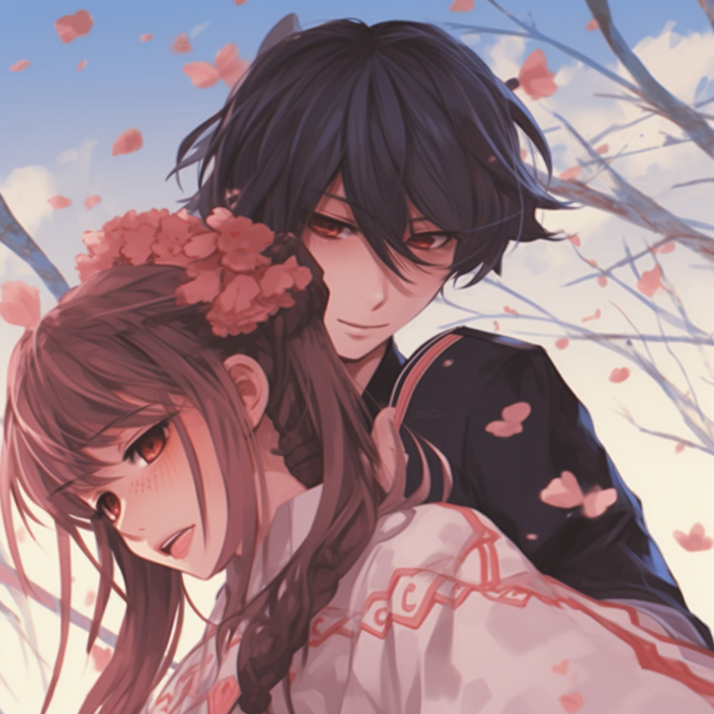 Two anime characters under cherry blossoms, pastel tones and soft shading. anime matching pfp for girlsHD, free download