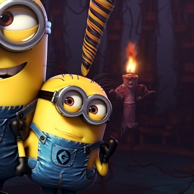 Two Minion characters, one dressed as a vampire and the other as a mummy, sharp-edged lines, intense expressions, and a dark Halloween-themed background. minion halloween theme for matching pfp pfp for discord.