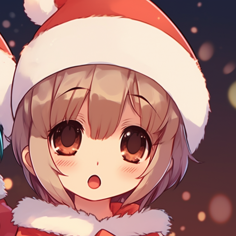 Two characters dressed in Christmas attire, vibrant colors and adorable expressions, standing side-by-side. unique matching cute aesthetic christmas pfp selection pfp for discord.
