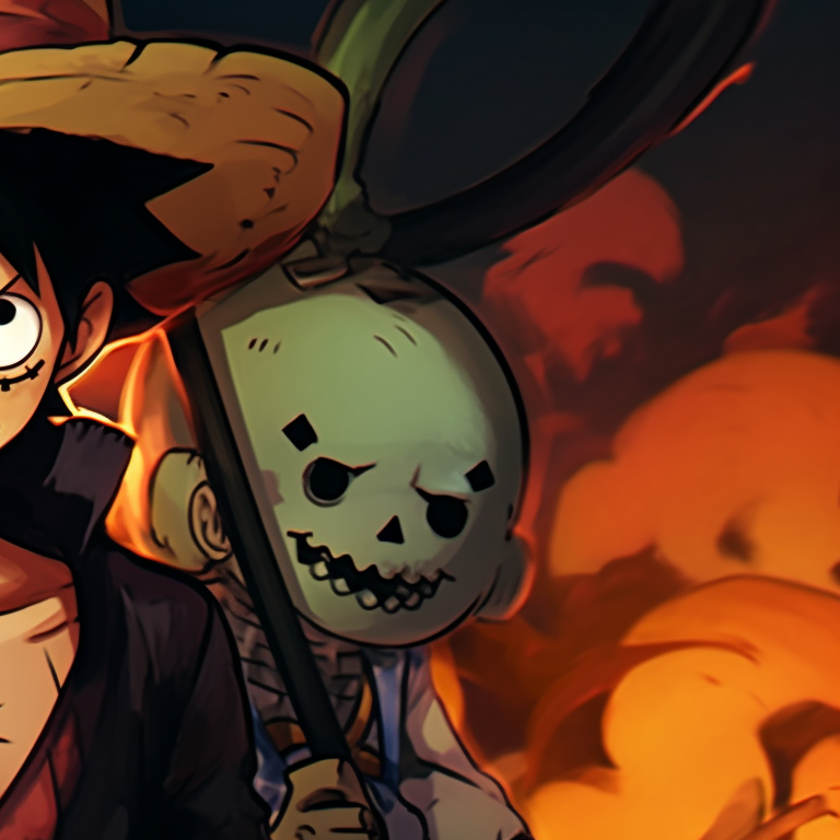 Luffy and Zoro, Jack'o'Lantern theme, earthy colors and uneven lines. luffy and zoro matching pfp halloween theme ideas pfp for discord.