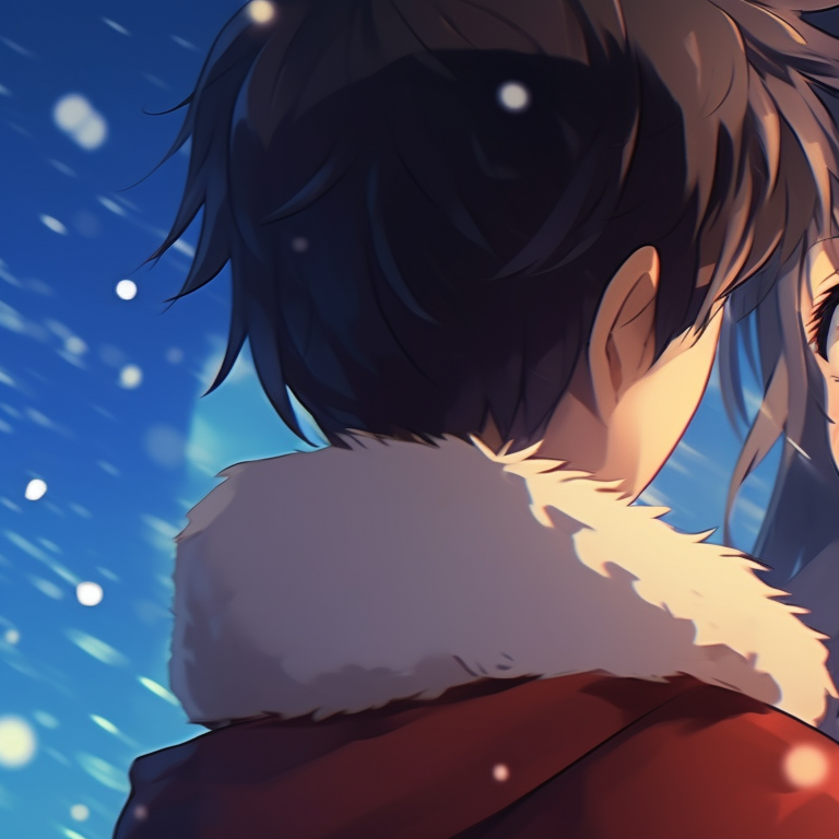 Two characters in calm interaction, snowflakes in their hair, cold color palette and serene expressions. beautiful matching christmas pfp anime pfp for discord.