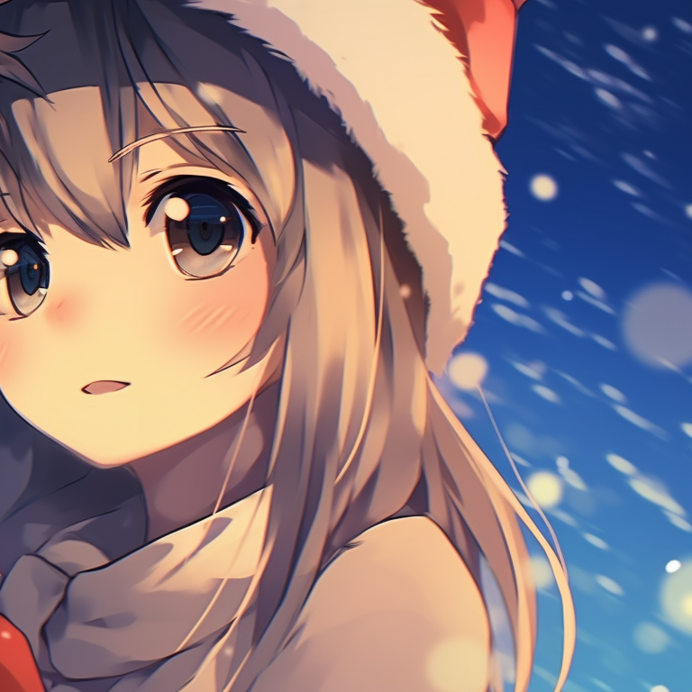 Two characters in calm interaction, snowflakes in their hair, cold color palette and serene expressions. beautiful matching christmas pfp anime pfp for discord.