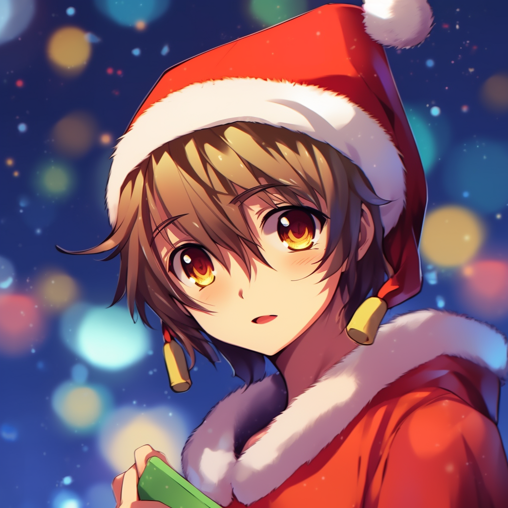 Anime character boy wearing a Christmas hat, bright colors and bold lines. anime boy christmas pfp