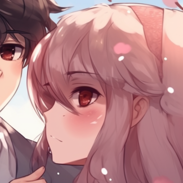 Two characters surrounded by blooming sakuras, pastel backdrop and softly glowing outlines. cute couple's matching pfp pfp for discord.