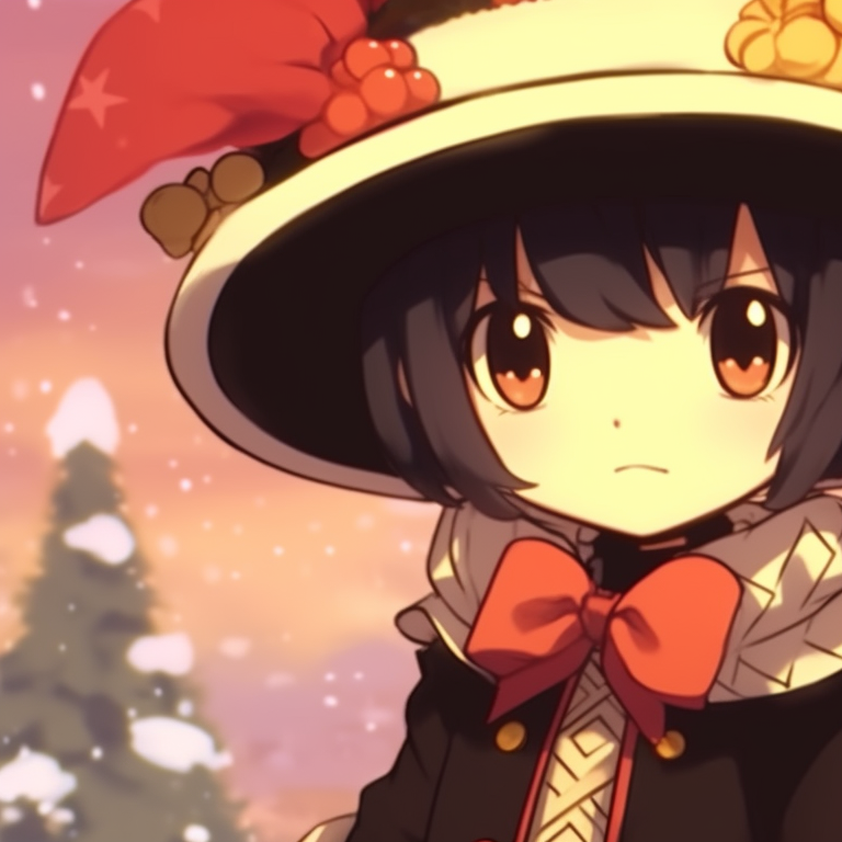 Two characters gazing towards an orange setting sun, their matching hats linked with a Christmas wreath. festive matching christmas pfp orange images pfp for discord.