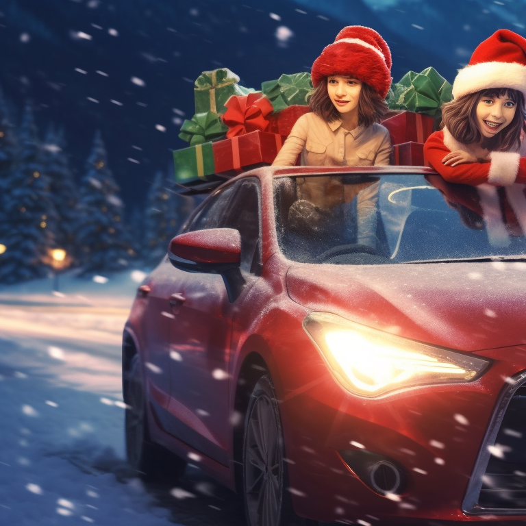 Characters sitting in a Christmas-theme decorated car, snowflakes falling around them, with a soft shading technique. optimized christmas car images pfp for discord.