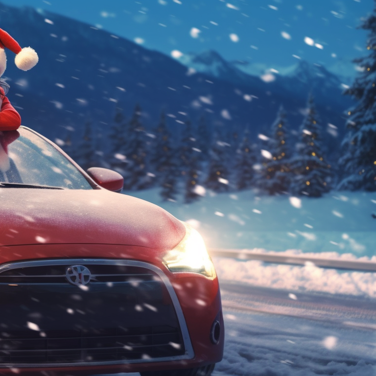 Characters sitting in a Christmas-theme decorated car, snowflakes falling around them, with a soft shading technique. optimized christmas car images pfp for discord.