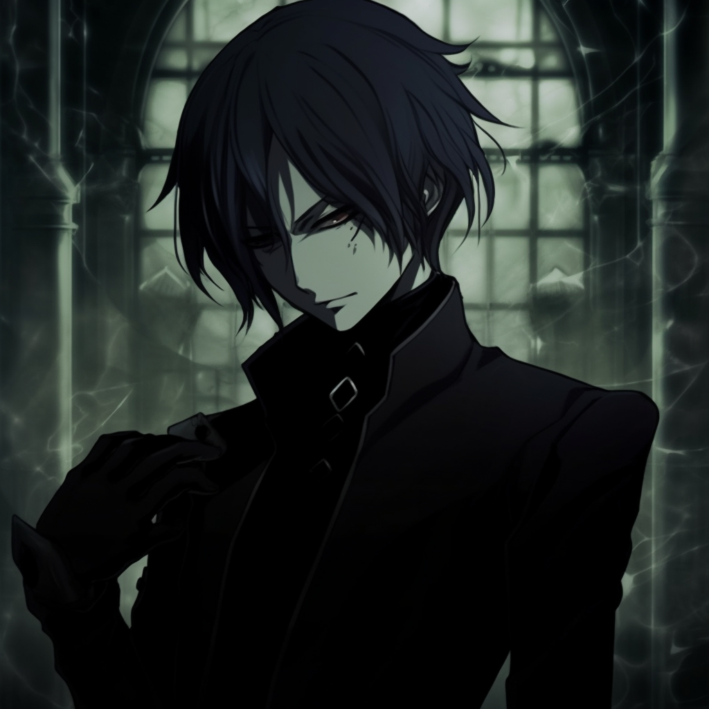 Close-up of Sebastian, emphasizing his striking features and red eyes. black pfp anime male characters pfp for discord.