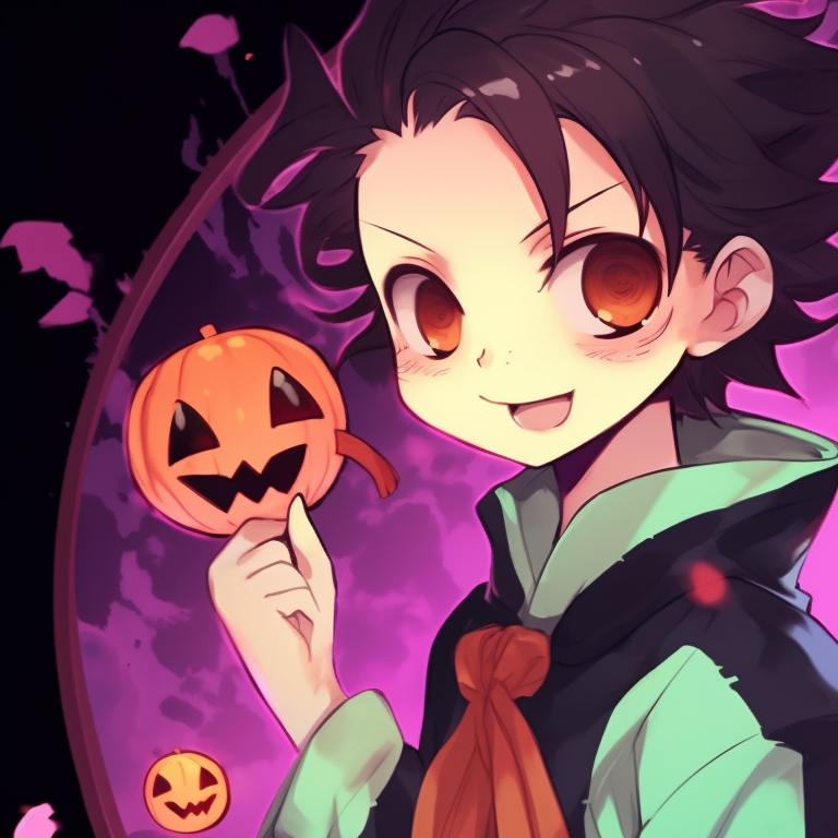 Tanjiro and Kanao, high contrast, detailed Halloween background. tanjiro x kanao with halloween theme pfp pfp for discord.