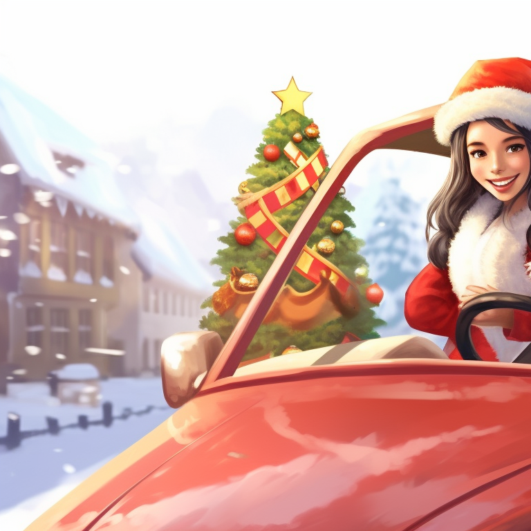 Two characters ready for a journey, in a snowy setting, against a classic car packed with festive gifts. beloved holiday car matching guides pfp for discord.