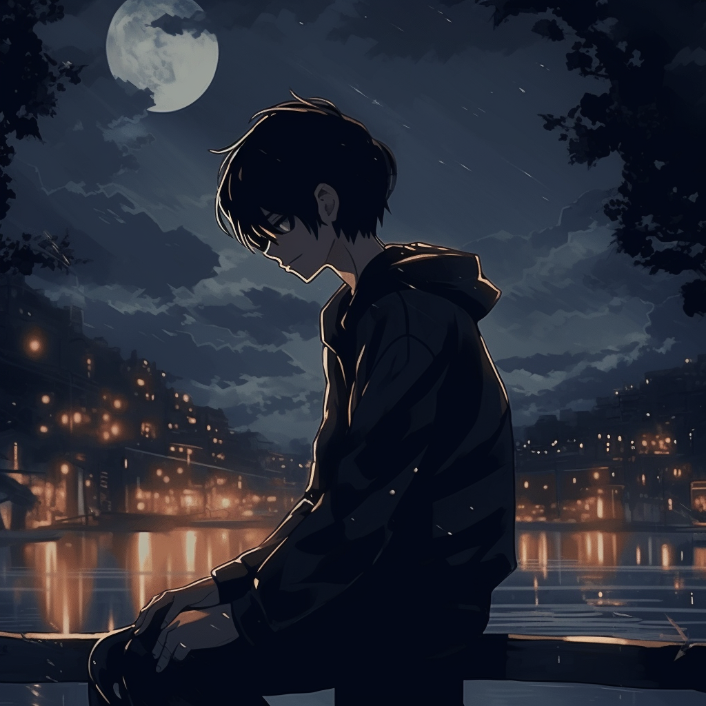 Anime character with moonlit river background, night hues and glimmering reflective details. aesthetic anime pfp wallpapers pfp for discord.