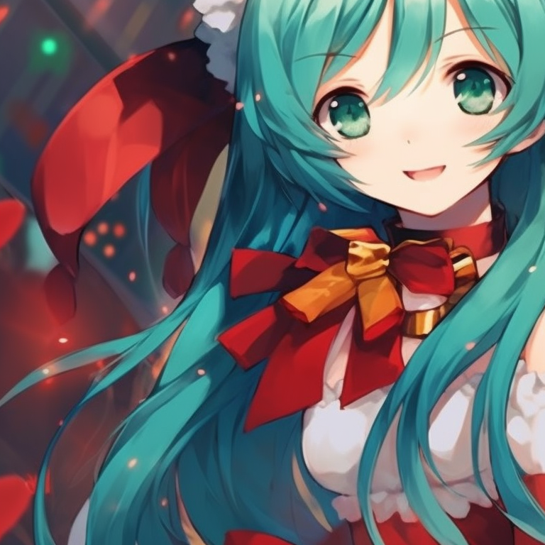 Close-up of Hatsune Miku characters, sharp contrast with intricate facial expressions, Christmas decorations in background. christmas with hatsune miku matching pfp pfp for discord.