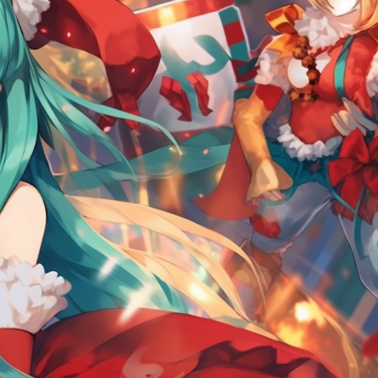Close-up of Hatsune Miku characters, sharp contrast with intricate facial expressions, Christmas decorations in background. christmas with hatsune miku matching pfp pfp for discord.